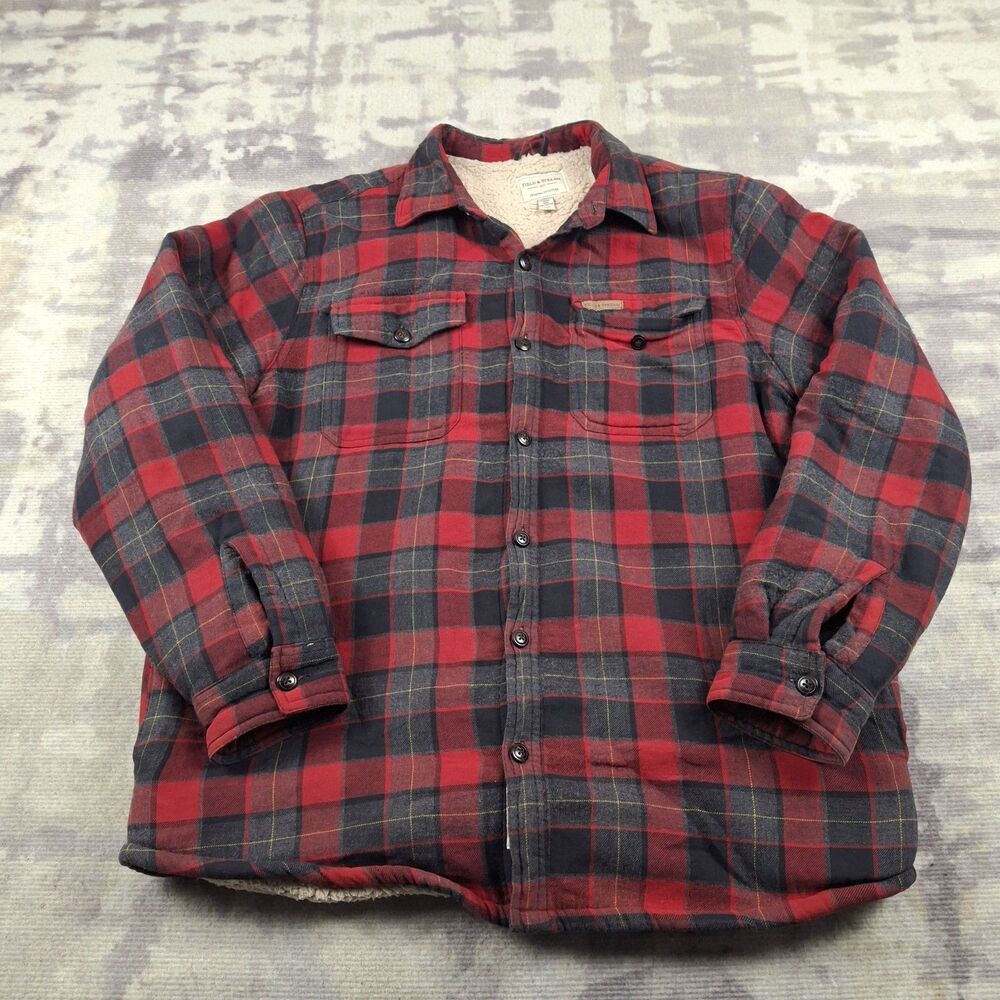 Field & Stream Shacket Mens Large Flannel Red Buffalo Plaid Button Down Lined